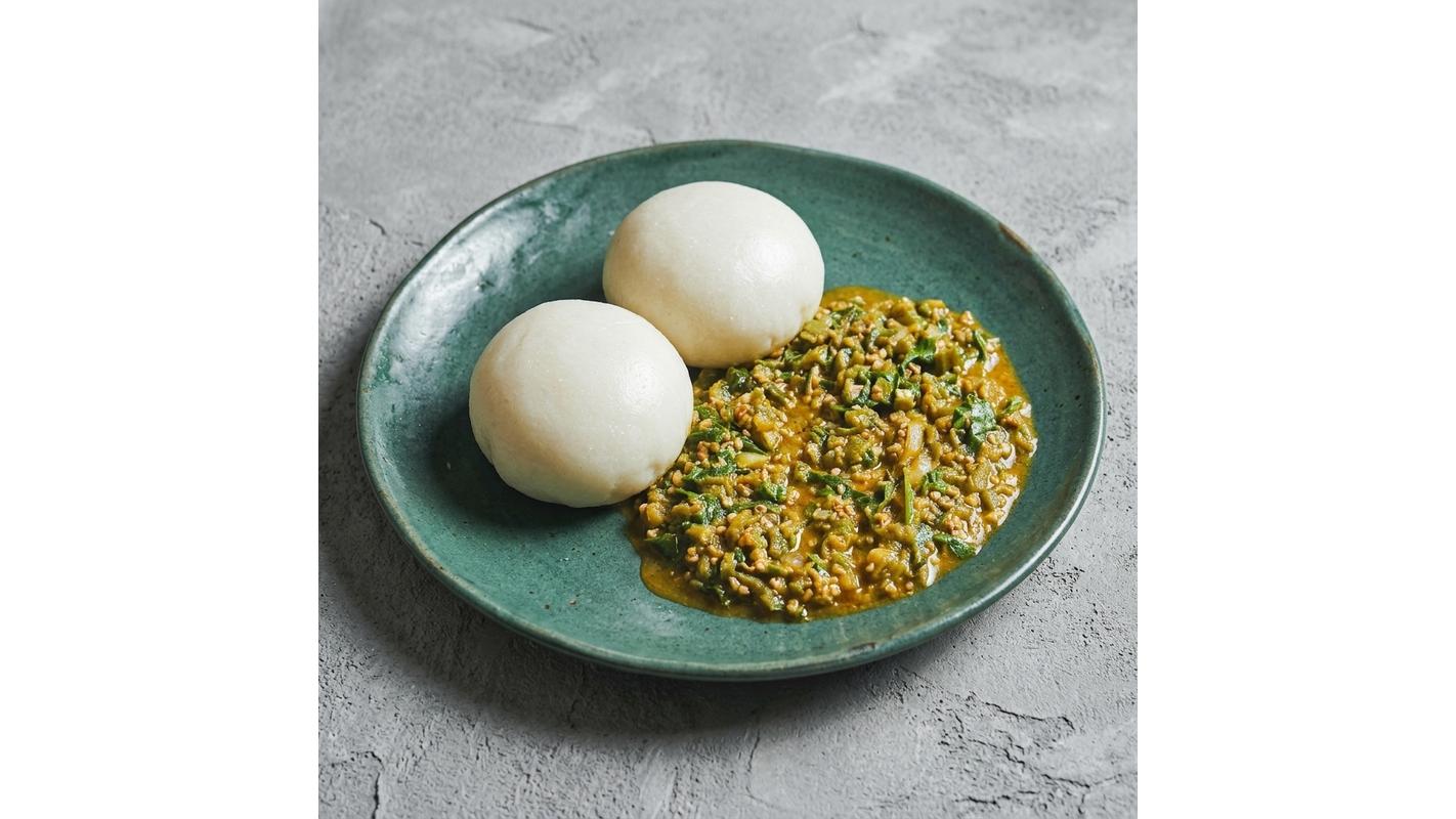 Fufu Of Choice With Okra Soup And Protein Of Choice