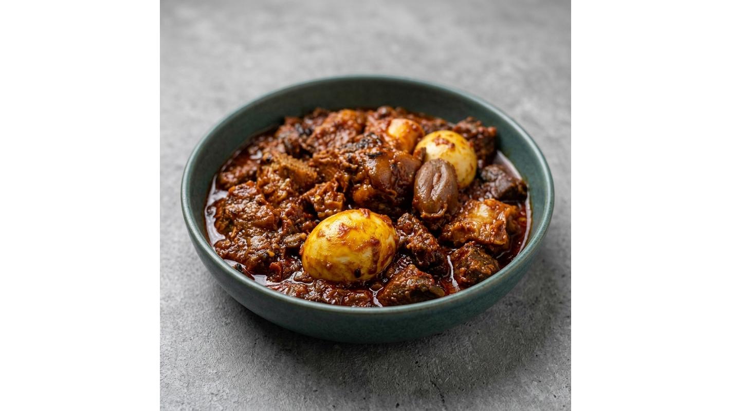 A Small Bowl Of Ofada Stew With 1 Protein Of Choice And 1 Egg
