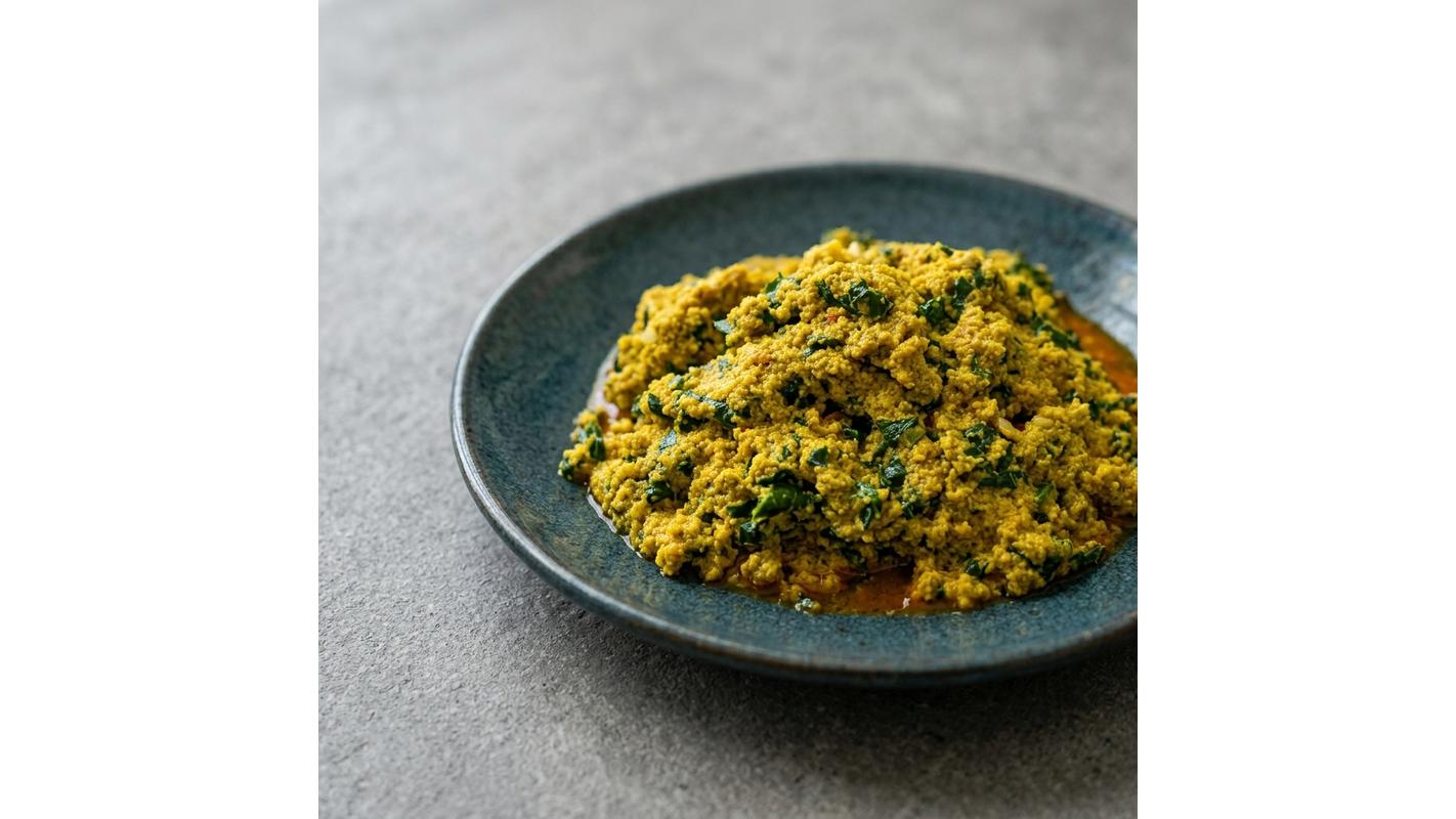 A Small Bowl Of Egusi Soup With 2 Proteins Of Choice