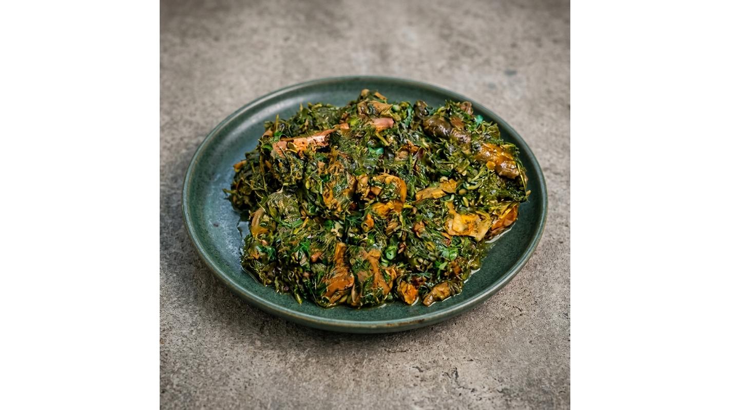 A Small Bowl Of Afang Soup With 2 Proteins Of Choic